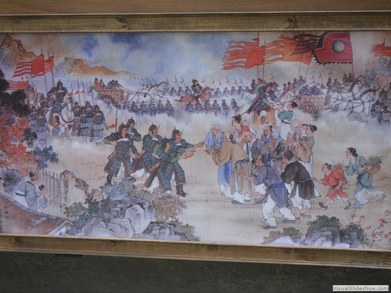 A mural of the "An Lushan Rebellion" that took place during Du Fu's life in 755.<br/>