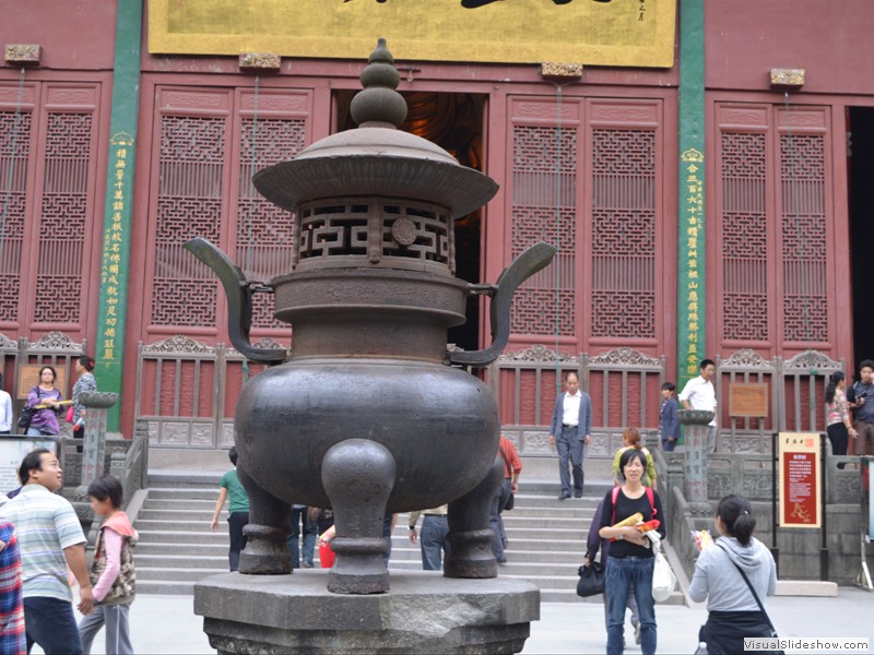 One of the many huge cast iron pots in the temple.