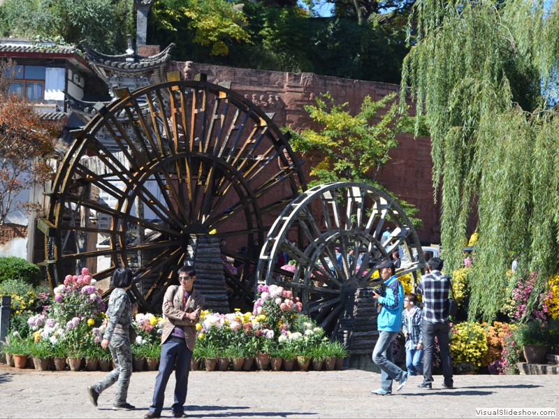 Water wheels in the town square.