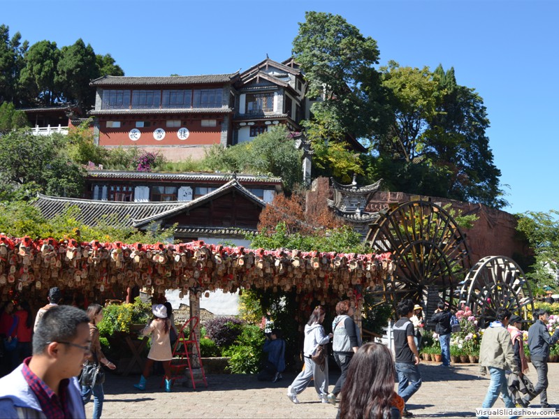 Tibetan pray flags hang in the town square.