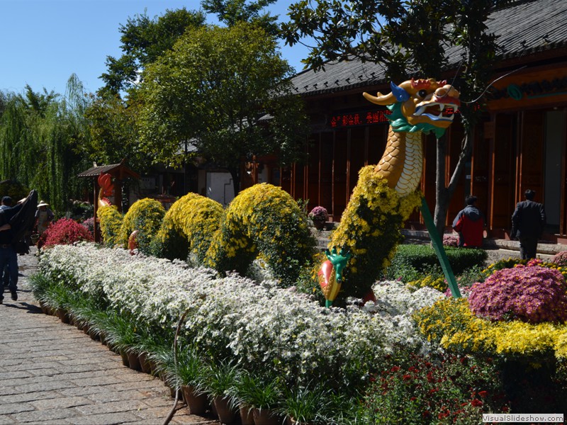 A flower Dragon in the town square.