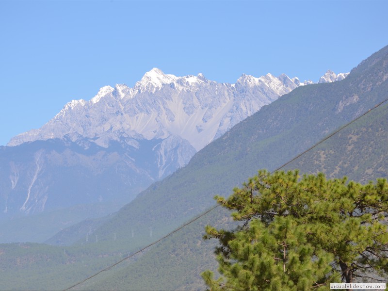 The snowcapped mountains are beautiful.
