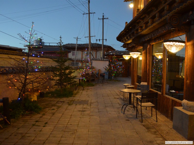The front of our hotel in the evening.