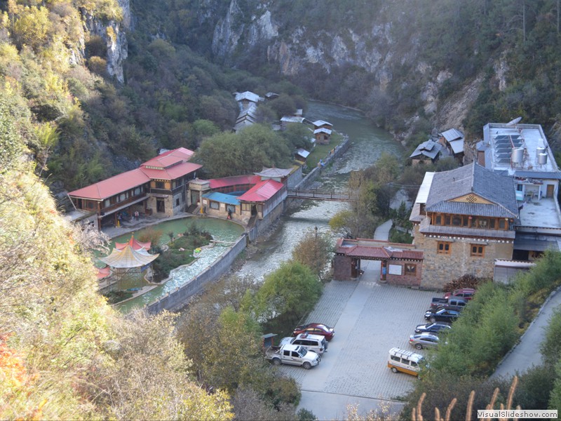 A hot springs spa in the valley below.